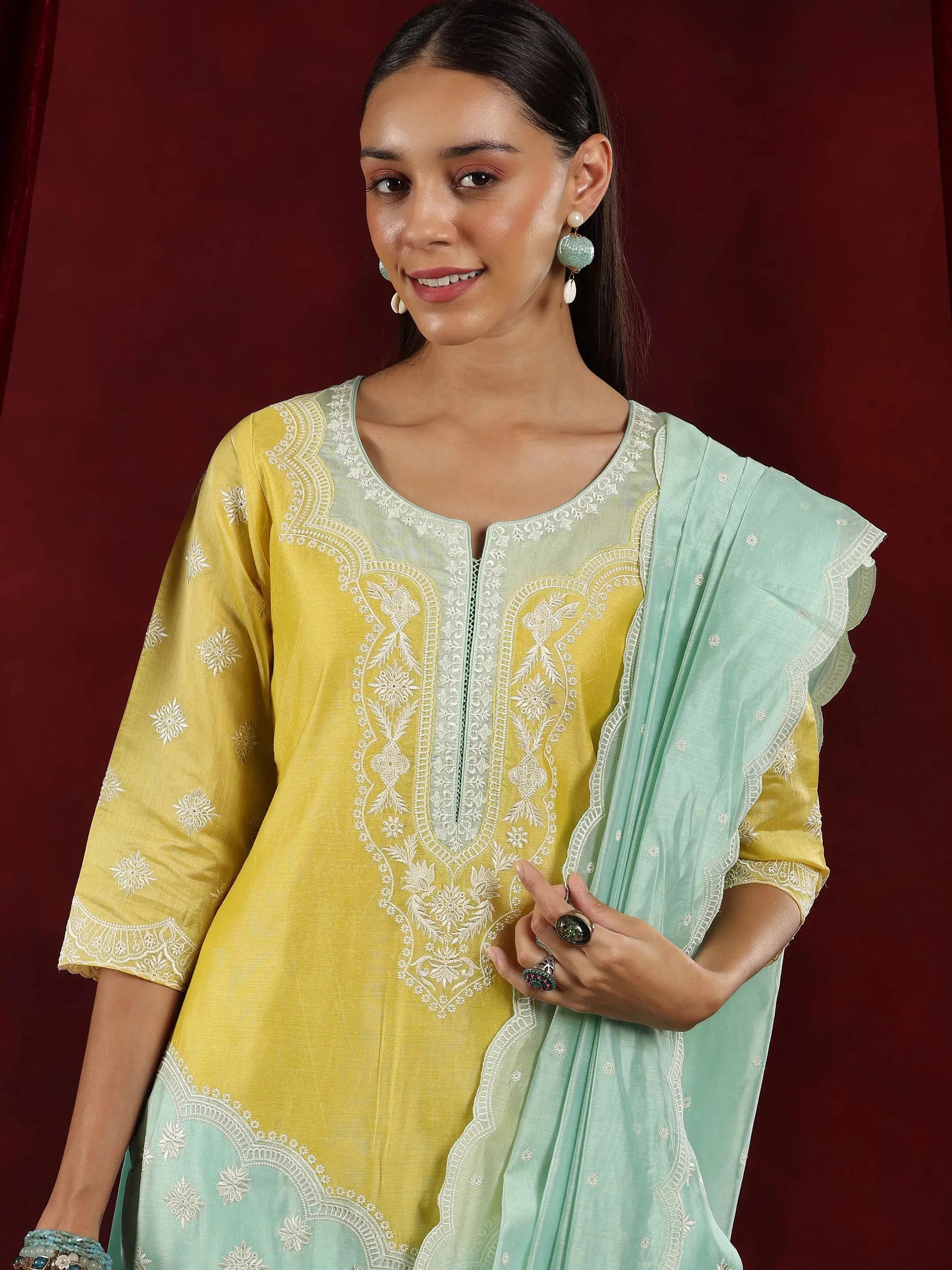 Libas Art Sea Green Yoke Design Chanderi Silk Straight Suit With Dupatta