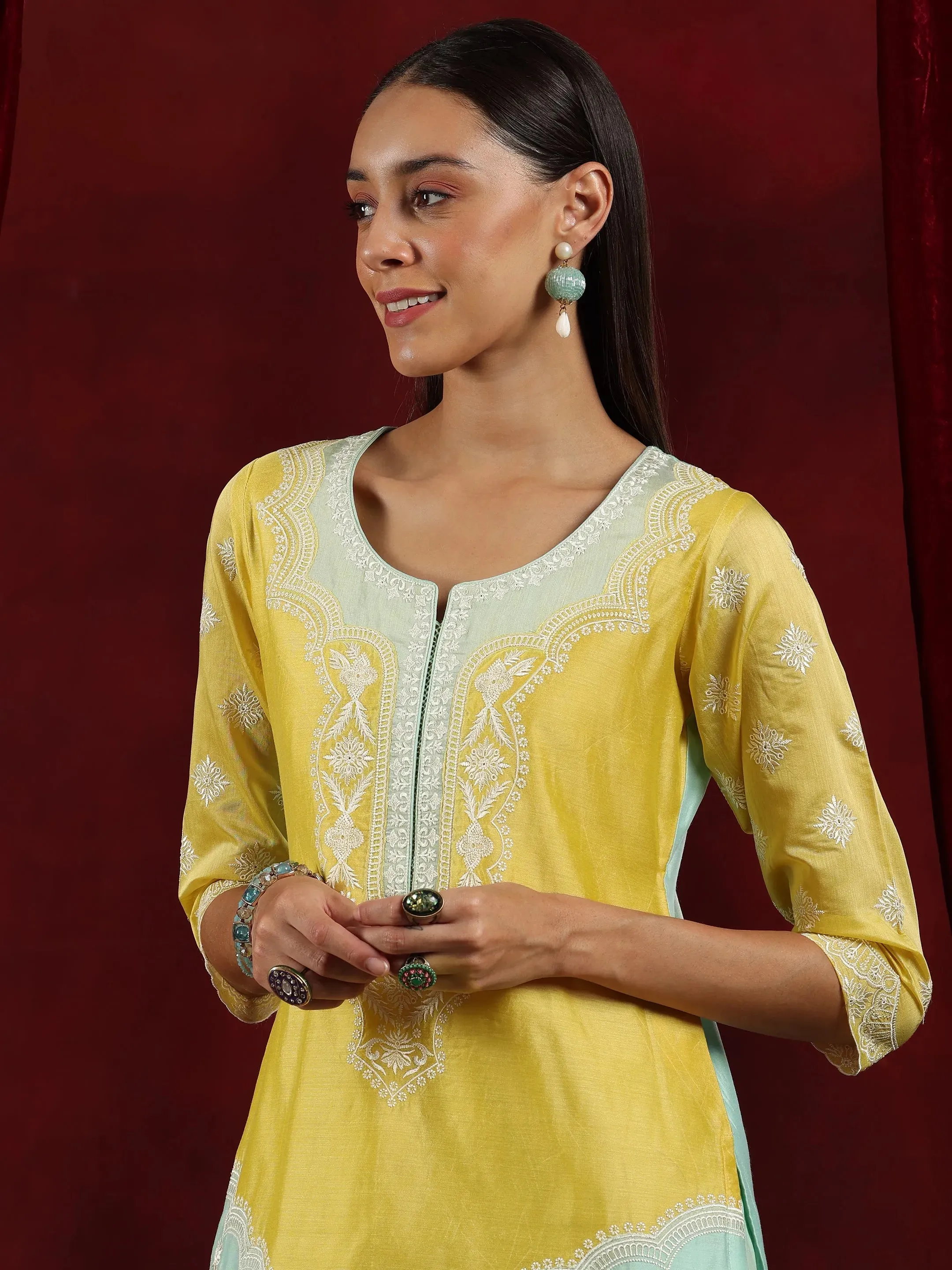Libas Art Sea Green Yoke Design Chanderi Silk Straight Suit With Dupatta