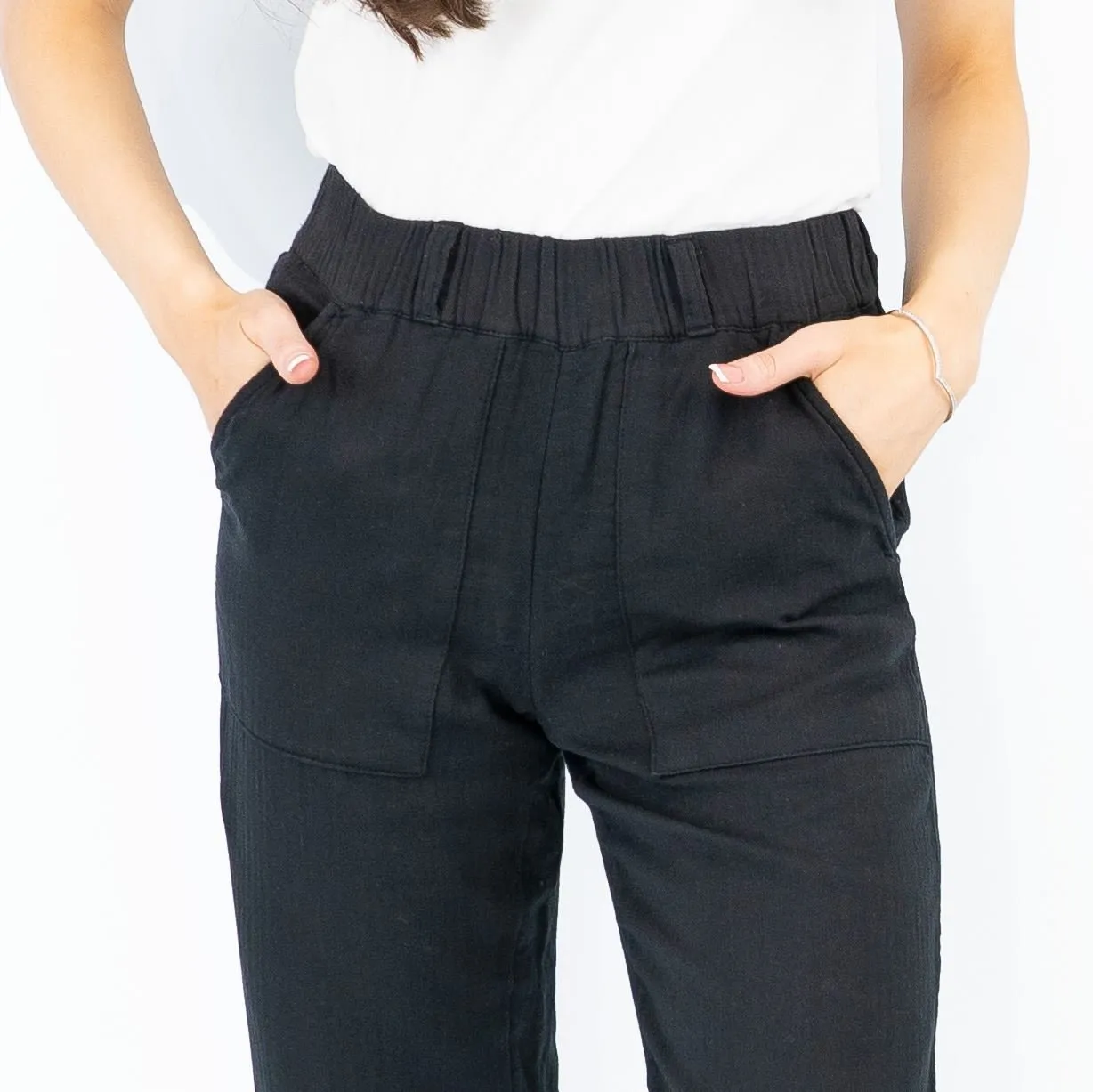 M&S Pure Cotton Tapered Ankle Grazer Elasticated Waist Black Trousers