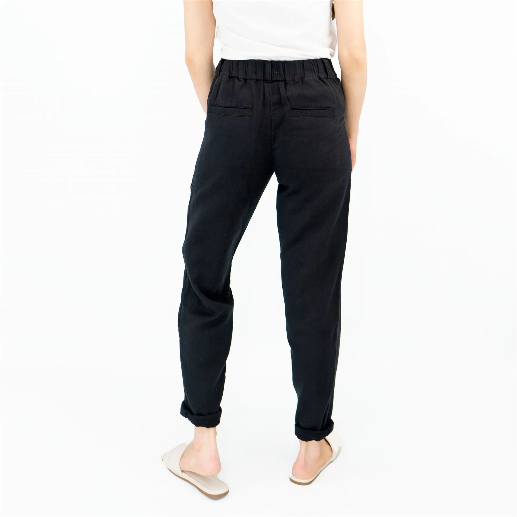 M&S Pure Cotton Tapered Ankle Grazer Elasticated Waist Black Trousers