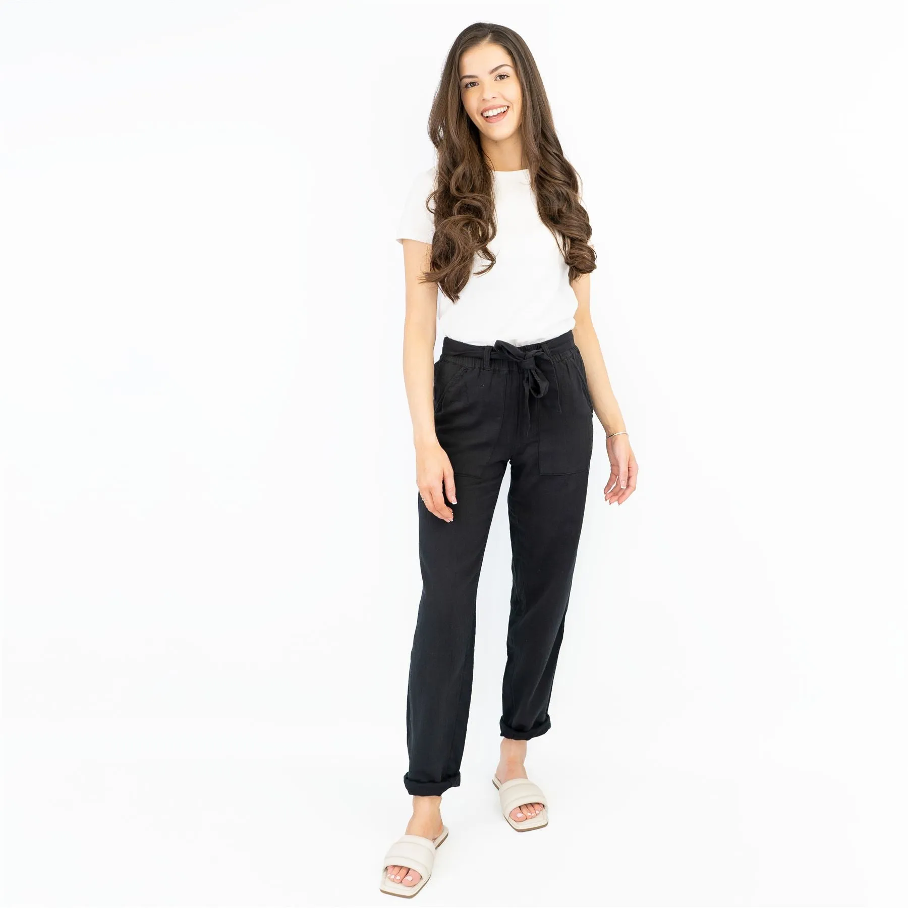 M&S Pure Cotton Tapered Ankle Grazer Elasticated Waist Black Trousers