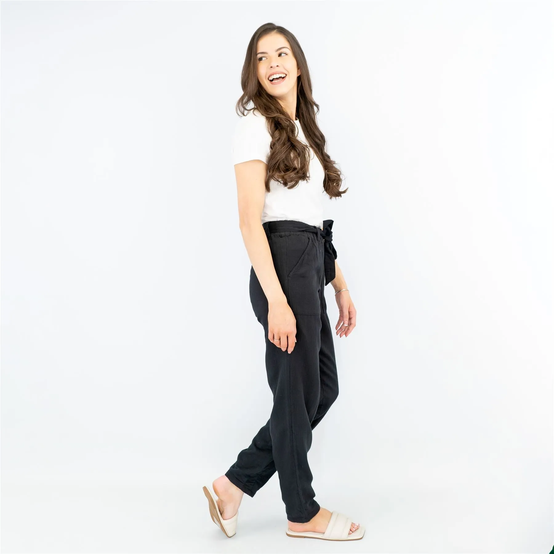 M&S Pure Cotton Tapered Ankle Grazer Elasticated Waist Black Trousers