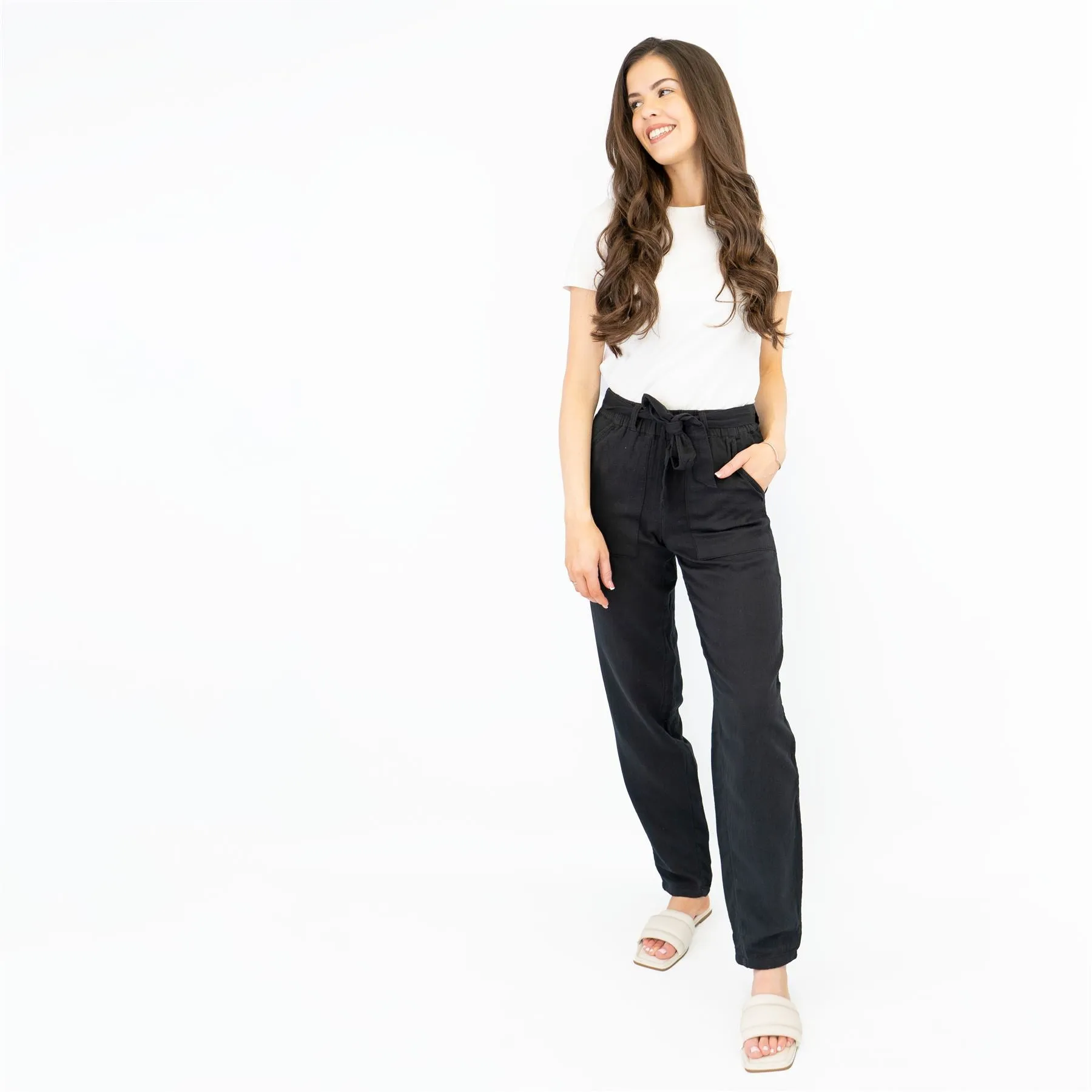 M&S Pure Cotton Tapered Ankle Grazer Elasticated Waist Black Trousers