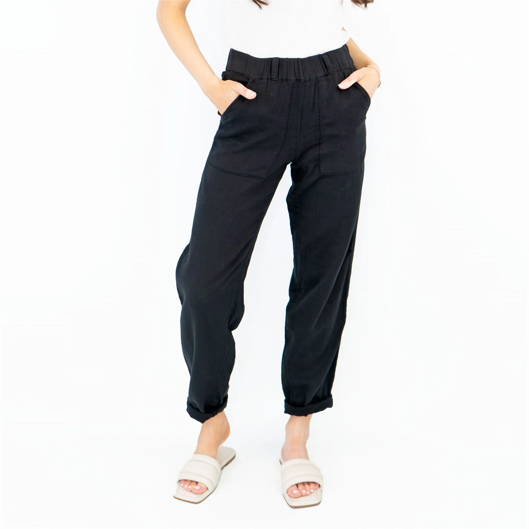 M&S Pure Cotton Tapered Ankle Grazer Elasticated Waist Black Trousers