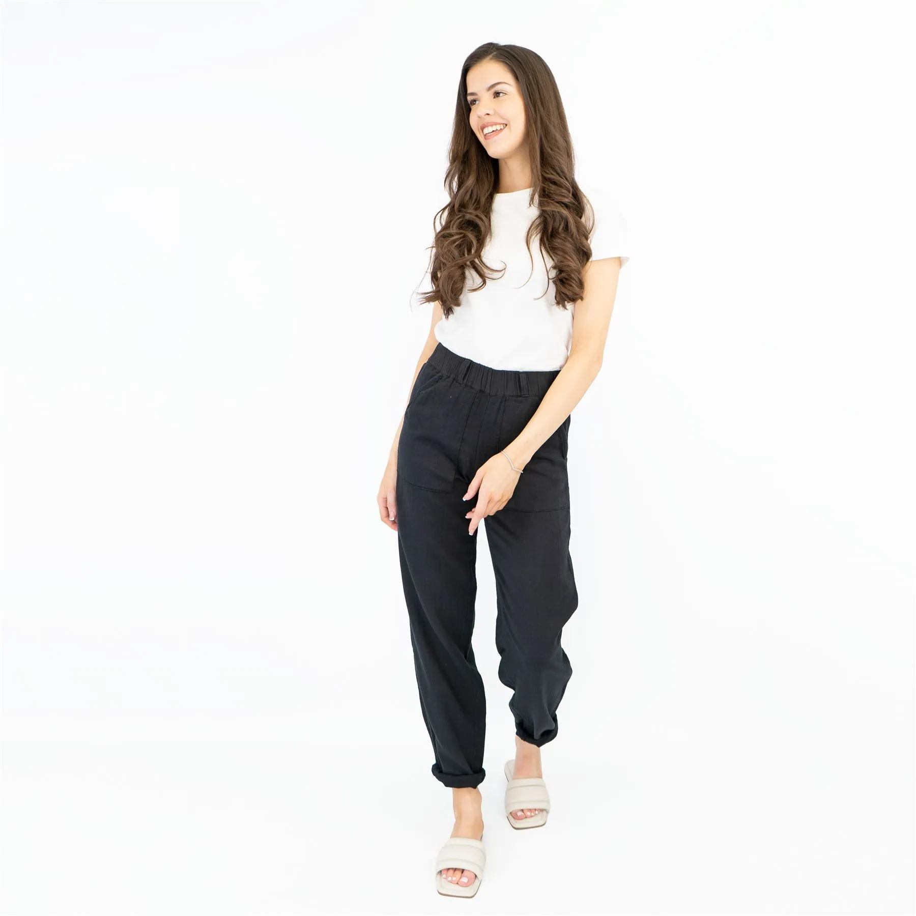M&S Pure Cotton Tapered Ankle Grazer Elasticated Waist Black Trousers