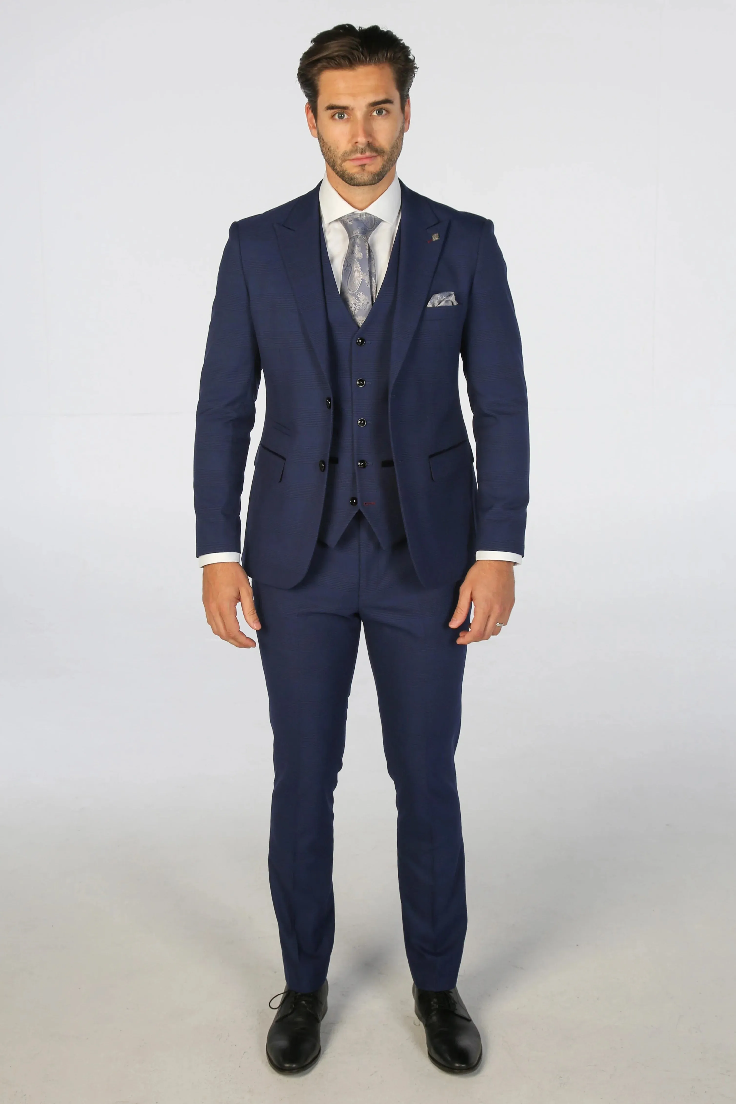 Mark - Men's Navy Blue 3 Piece Checked Tailored Fit Suit
