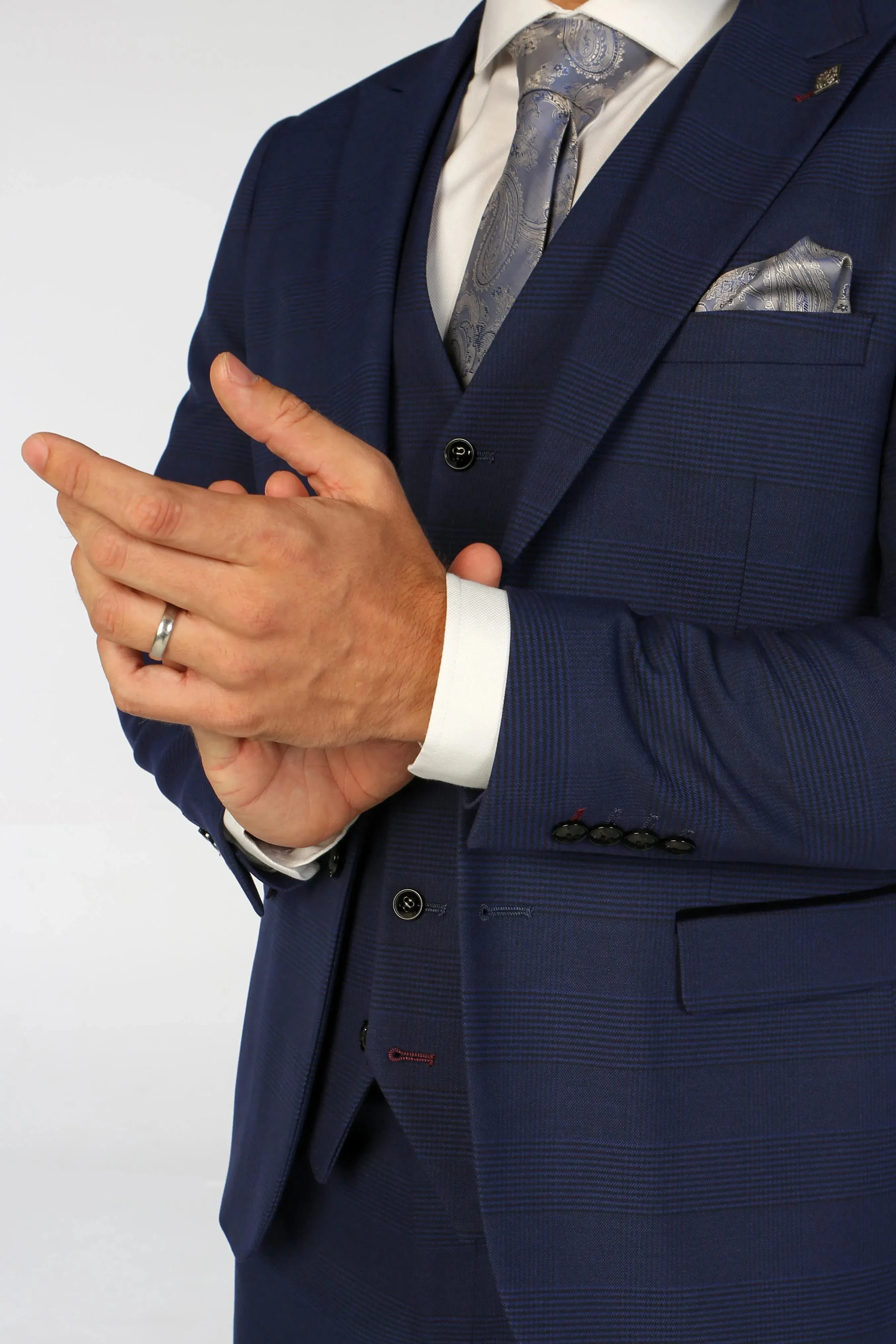 Mark - Men's Navy Blue 3 Piece Checked Tailored Fit Suit