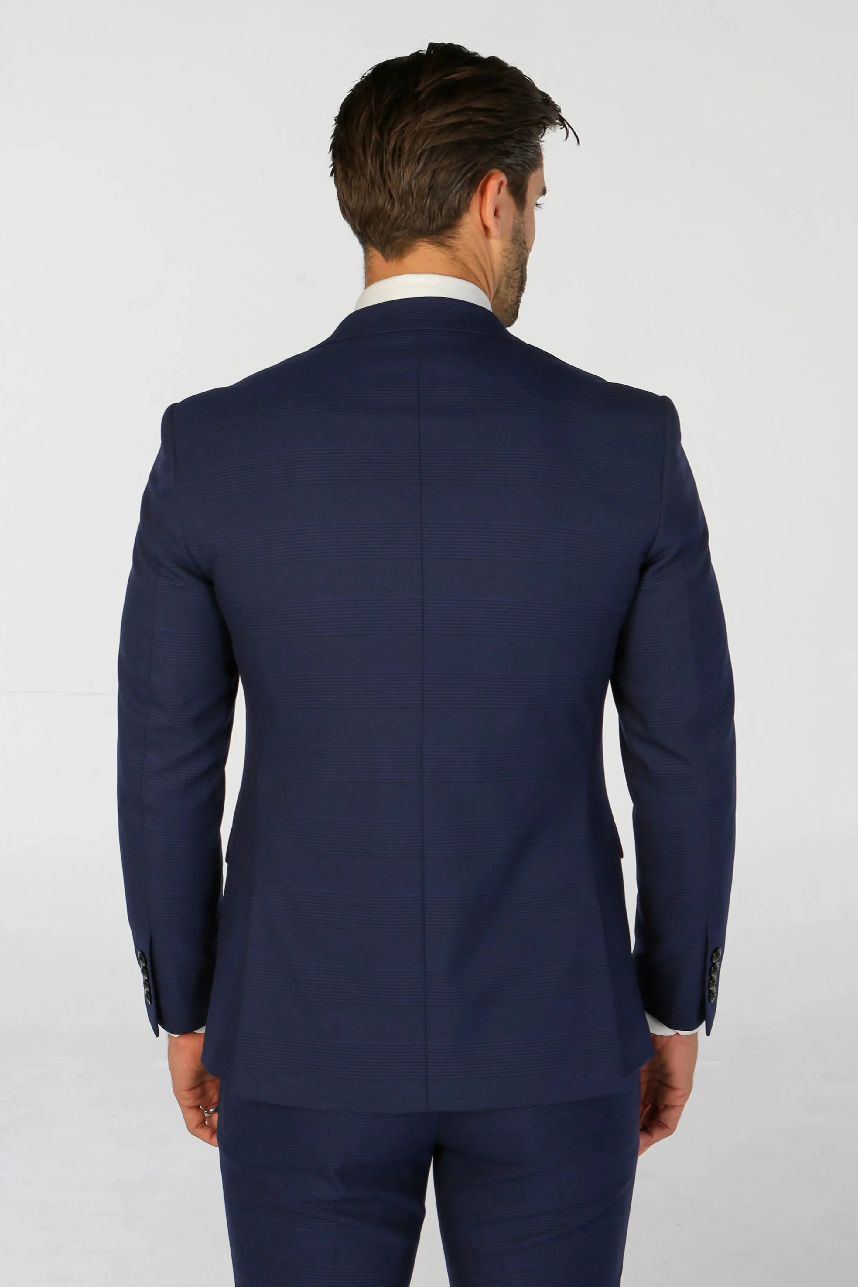 Mark - Men's Navy Blue 3 Piece Checked Tailored Fit Suit