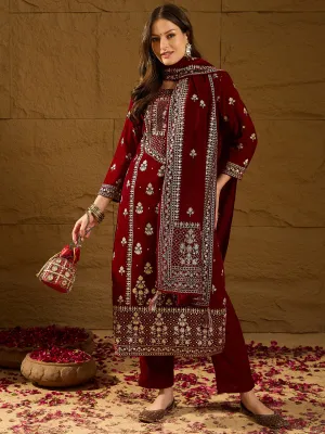Maroon Velvet Ethnic Motifs Printed 3-Piece Suit Set
