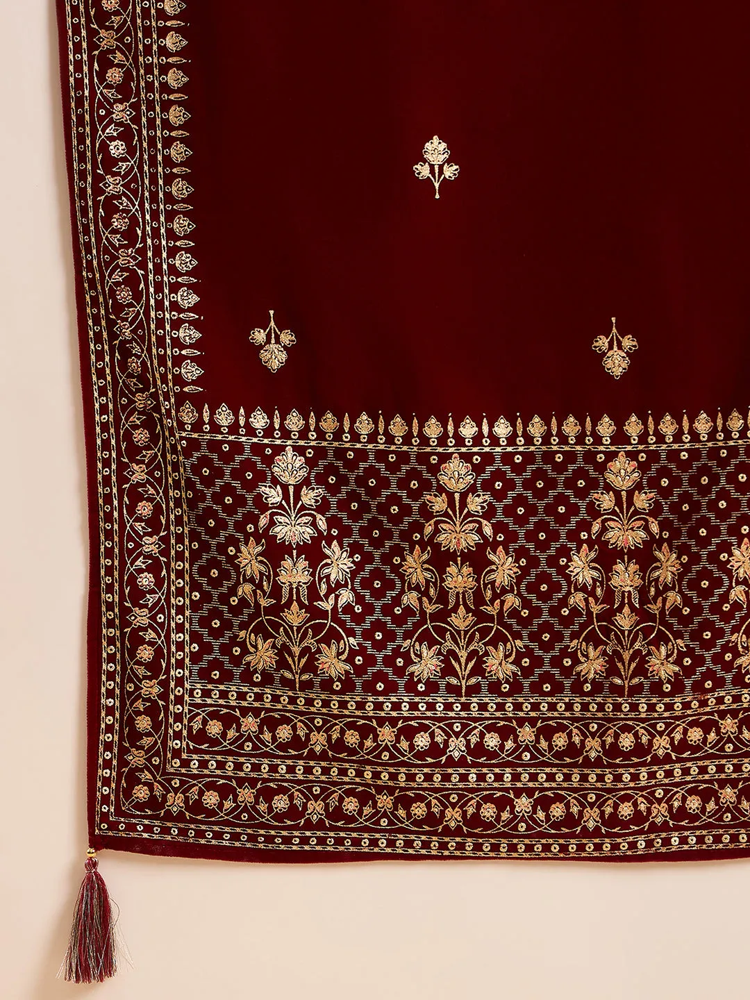 Maroon Velvet Ethnic Motifs Printed 3-Piece Suit Set