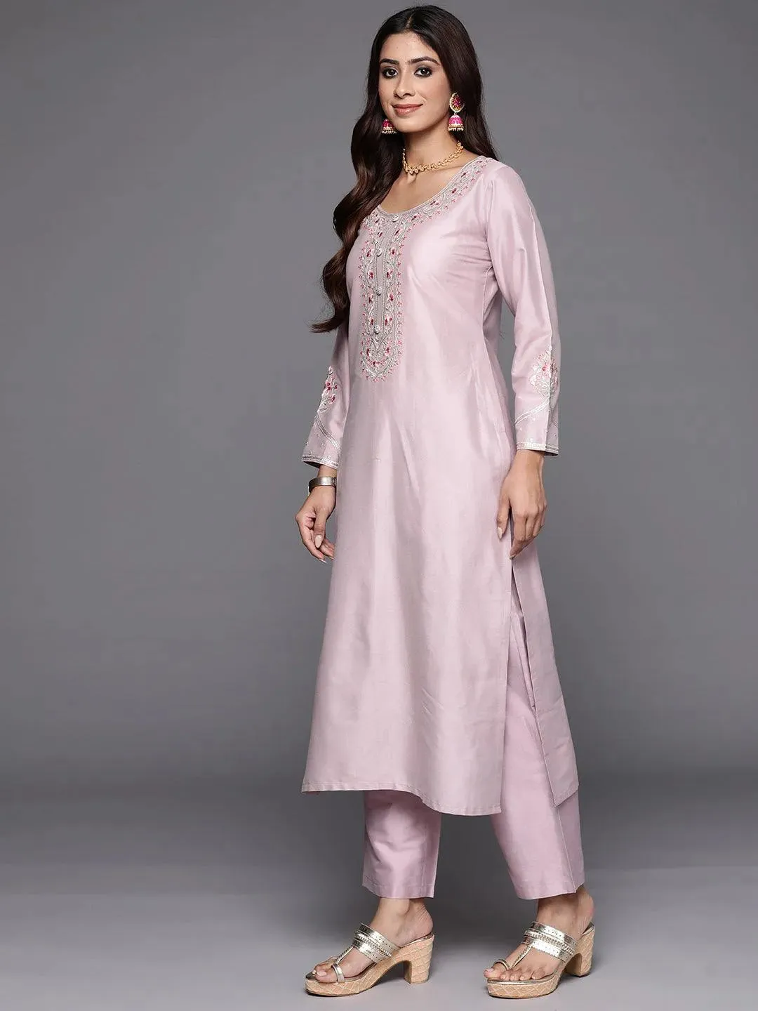 Mauve Yoke Design Silk Blend Straight Suit With Dupatta