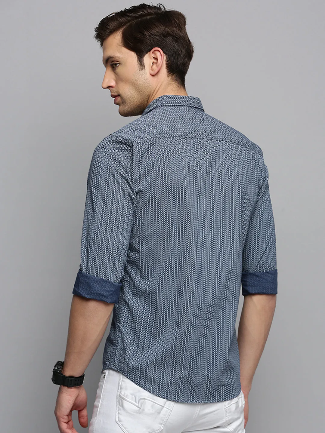 Men Spread Collar Printed Navy Blue Shirt