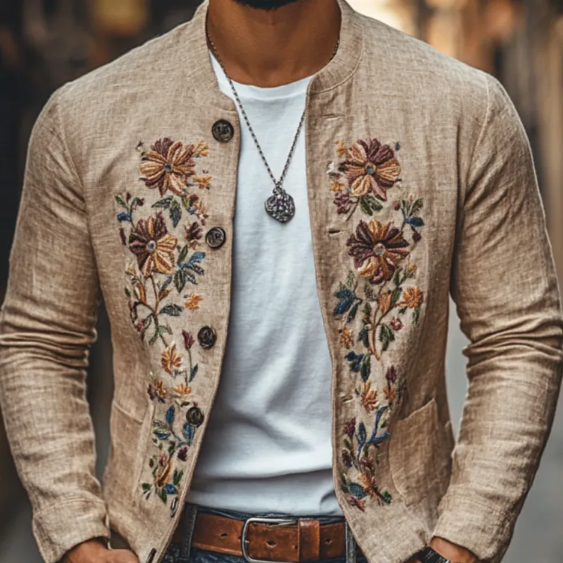 Men's Casual Linen Embroidered Stand Collar Single Breasted Slim Fit Jacket 48687422M