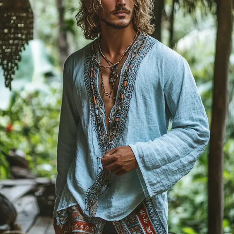 Men's Fashion Ethnic Style Embroidery V Neck Long Sleeve Cotton And Linen Shirt 37128119Z
