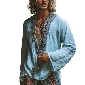 Men's Fashion Ethnic Style Embroidery V Neck Long Sleeve Cotton And Linen Shirt 37128119Z