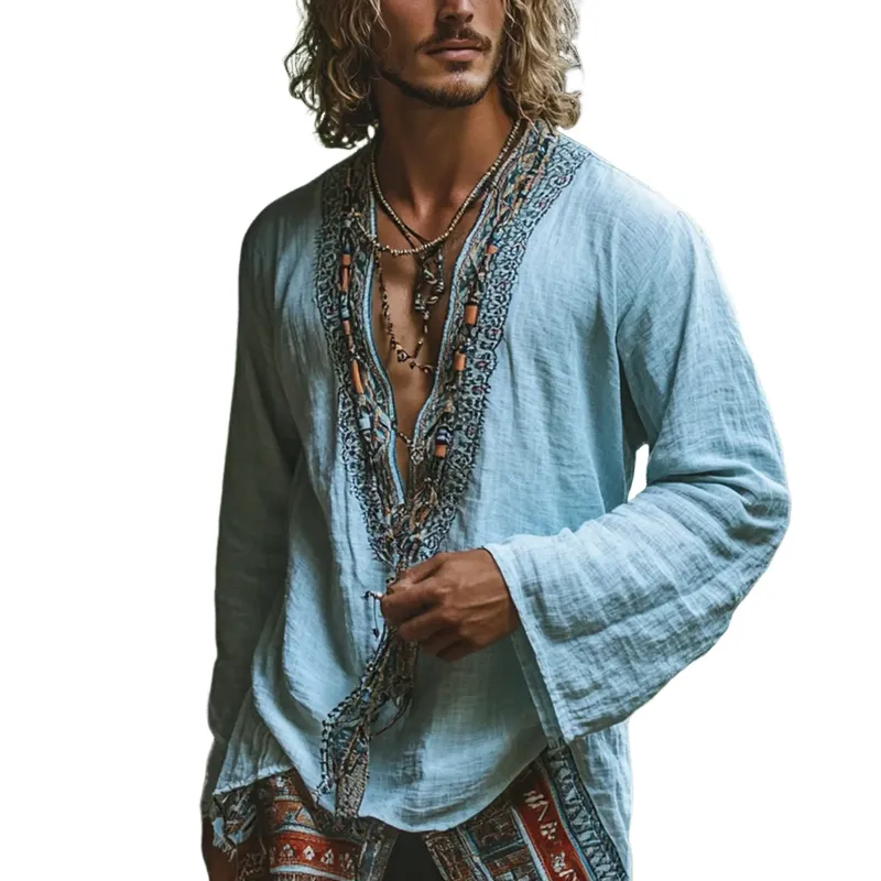 Men's Fashion Ethnic Style Embroidery V Neck Long Sleeve Cotton And Linen Shirt 37128119Z