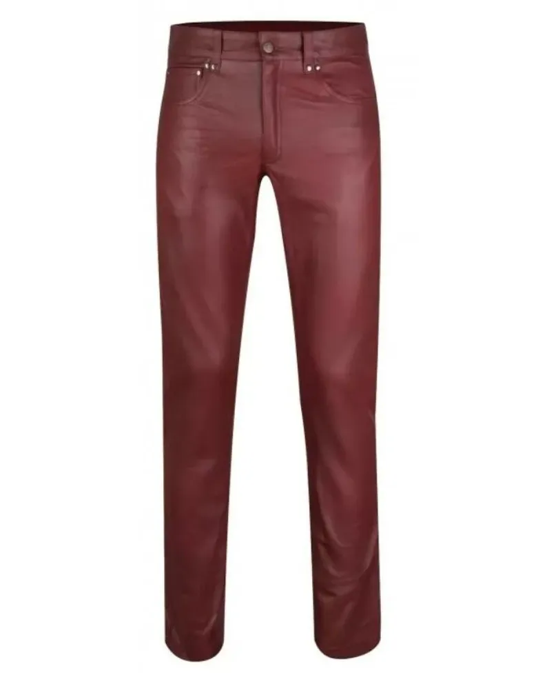 Men's Maroon Genuine Leather slim fit trouser pants