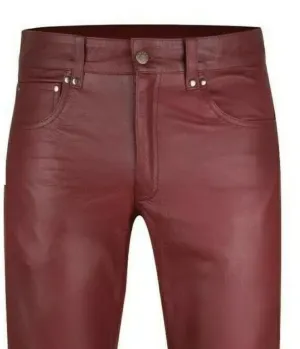 Men's Maroon Genuine Leather slim fit trouser pants