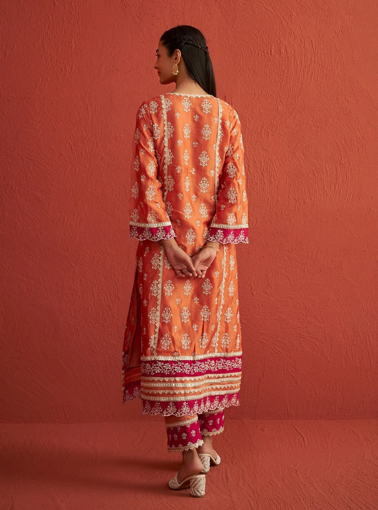 Mulmul Organza Satin Shubh Burnt Orange Kurta With Mulmul Pima Satin Shubh Burnt Orange Pant