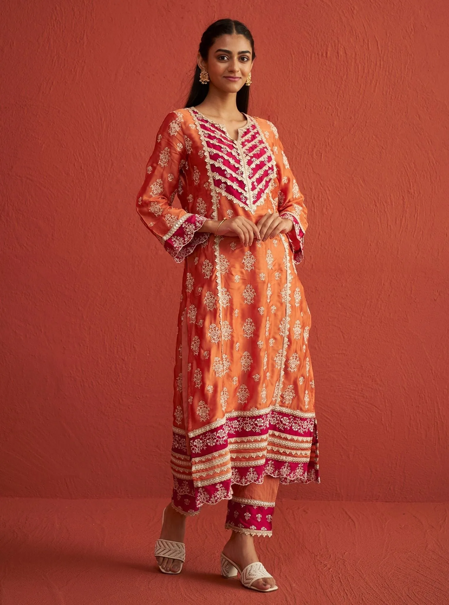 Mulmul Organza Satin Shubh Burnt Orange Kurta With Mulmul Pima Satin Shubh Burnt Orange Pant