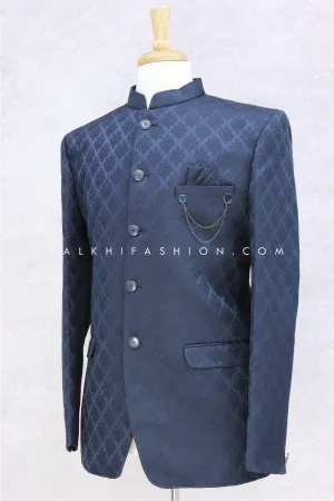 Navy Blue Pure Silk Jodhpuri Suit With Classic Embroidery