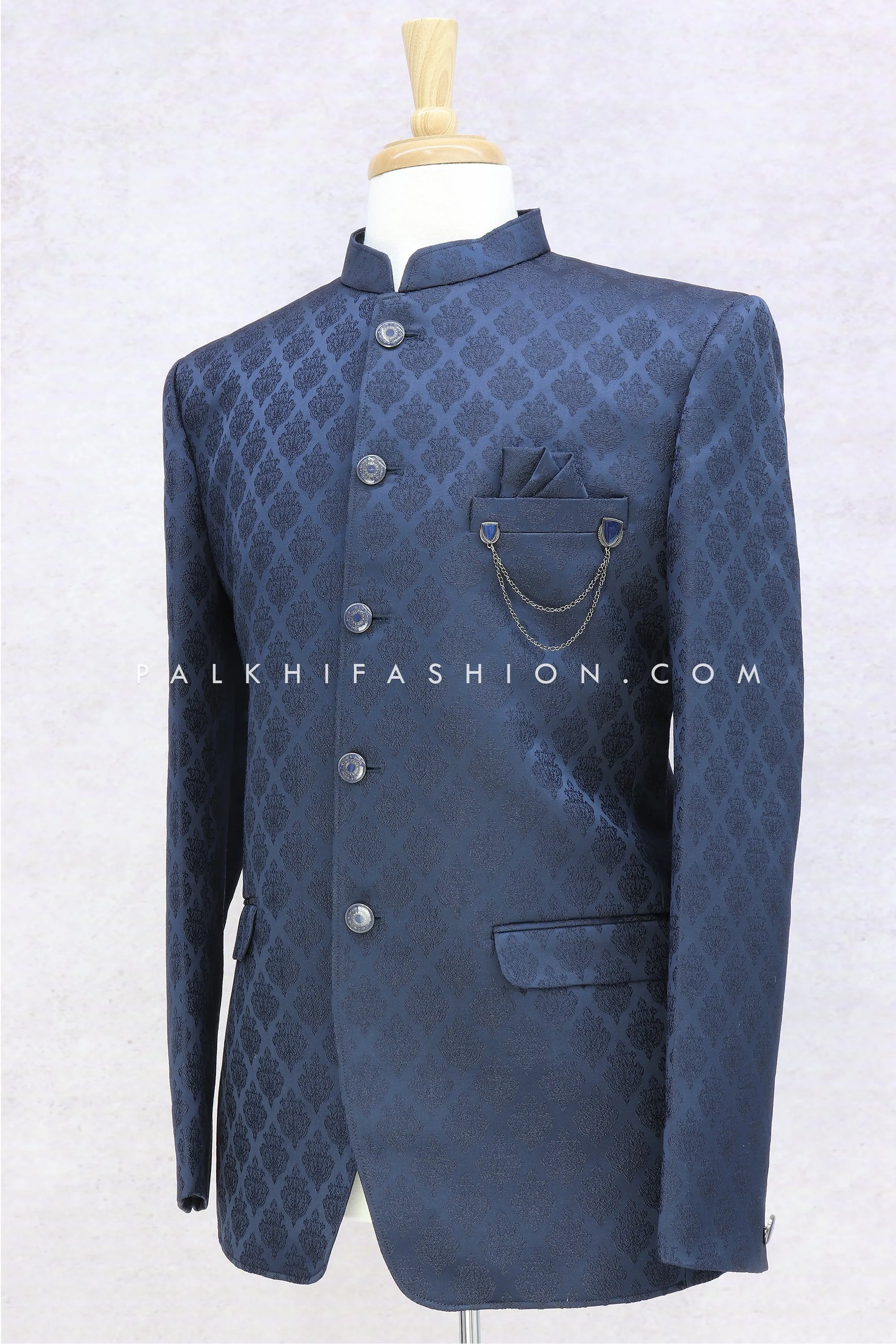 Navy Blue Pure Silk Jodhpuri Suit With Classic Embroidery