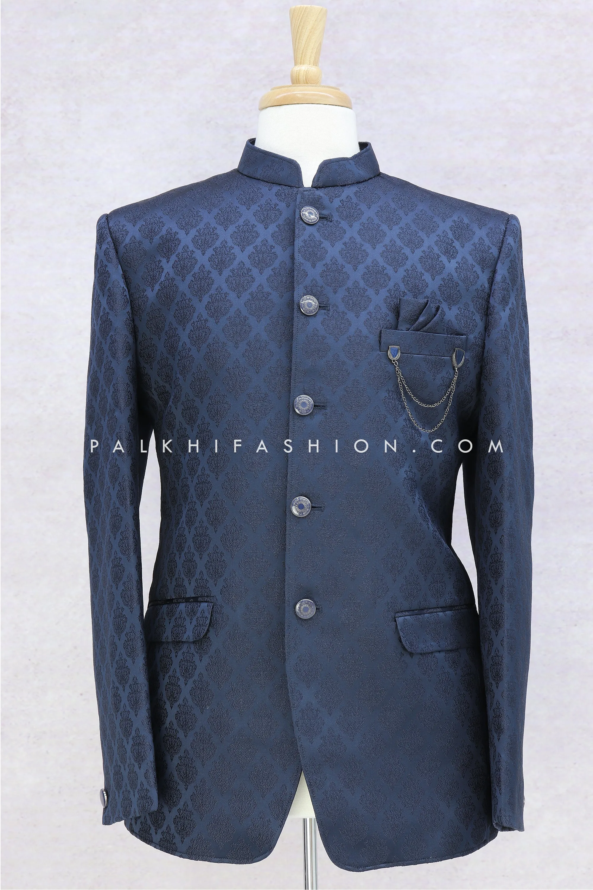 Navy Blue Pure Silk Jodhpuri Suit With Classic Embroidery