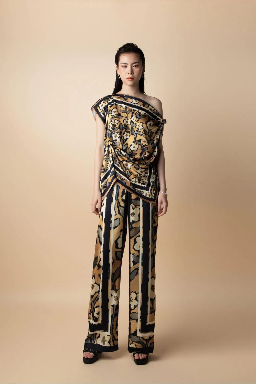 Nelly Straight Wide Leg Latin Silk Floor Length Pants