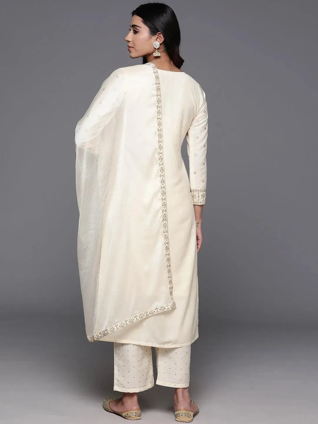 Off White Woven Design Silk Blend Straight Suit With Dupatta