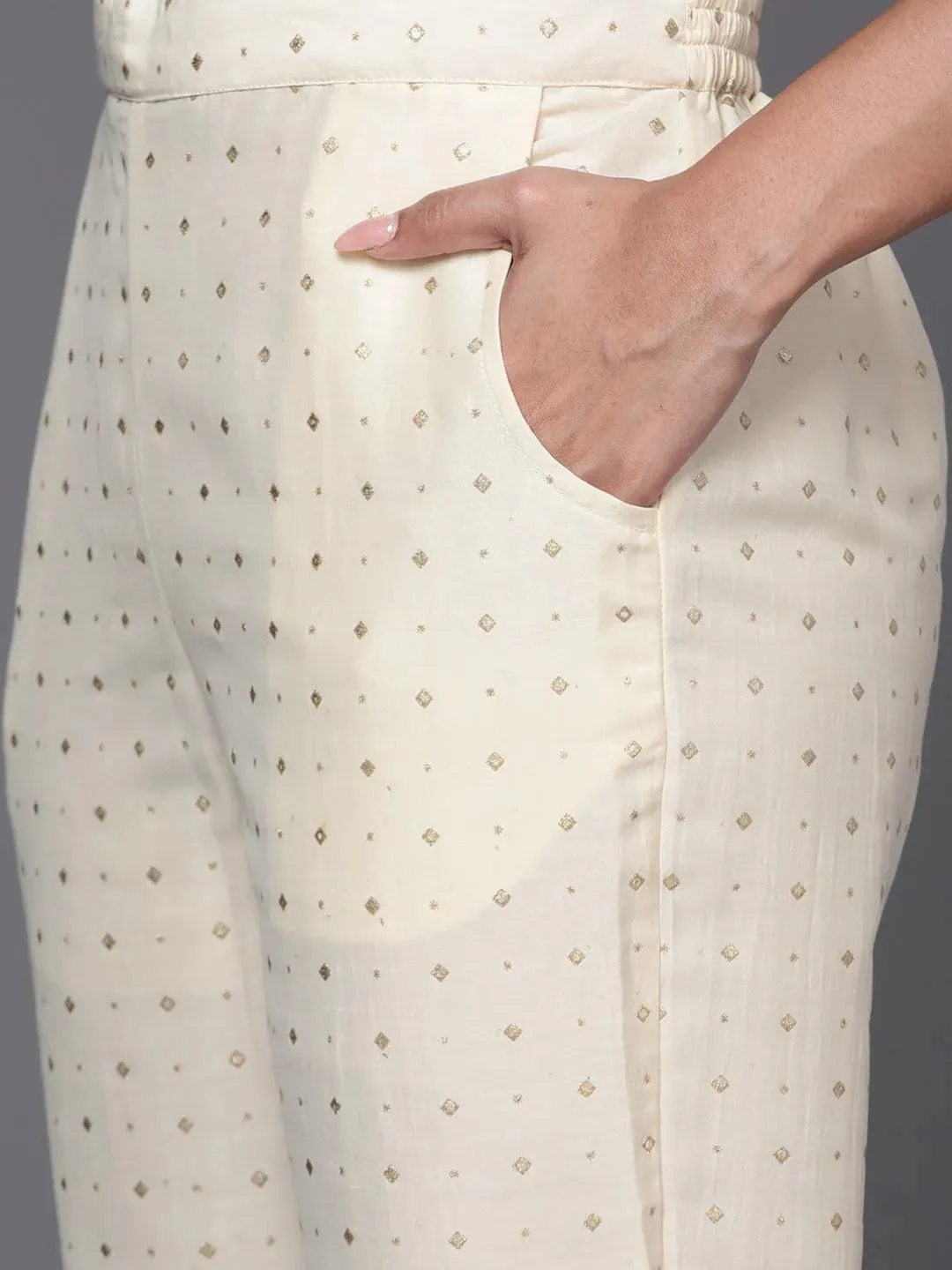 Off White Woven Design Silk Blend Straight Suit With Dupatta