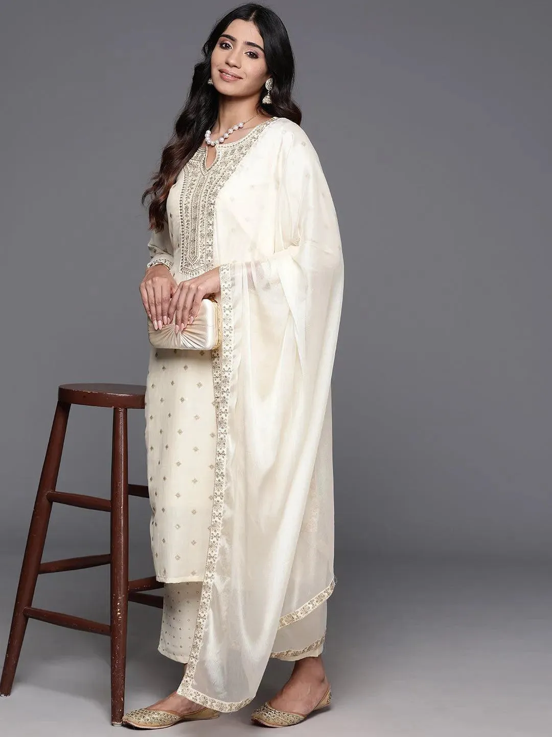 Off White Woven Design Silk Blend Straight Suit With Dupatta