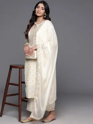 Off White Woven Design Silk Blend Straight Suit With Dupatta