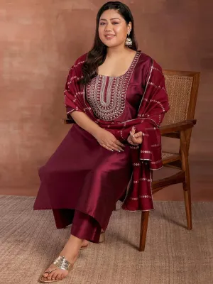 Plus Size Burgundy Yoke Design Silk Blend Straight Suit With Dupatta
