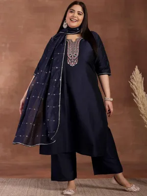Plus Size Navy Blue Yoke Design Silk Blend Straight Suit With Dupatta