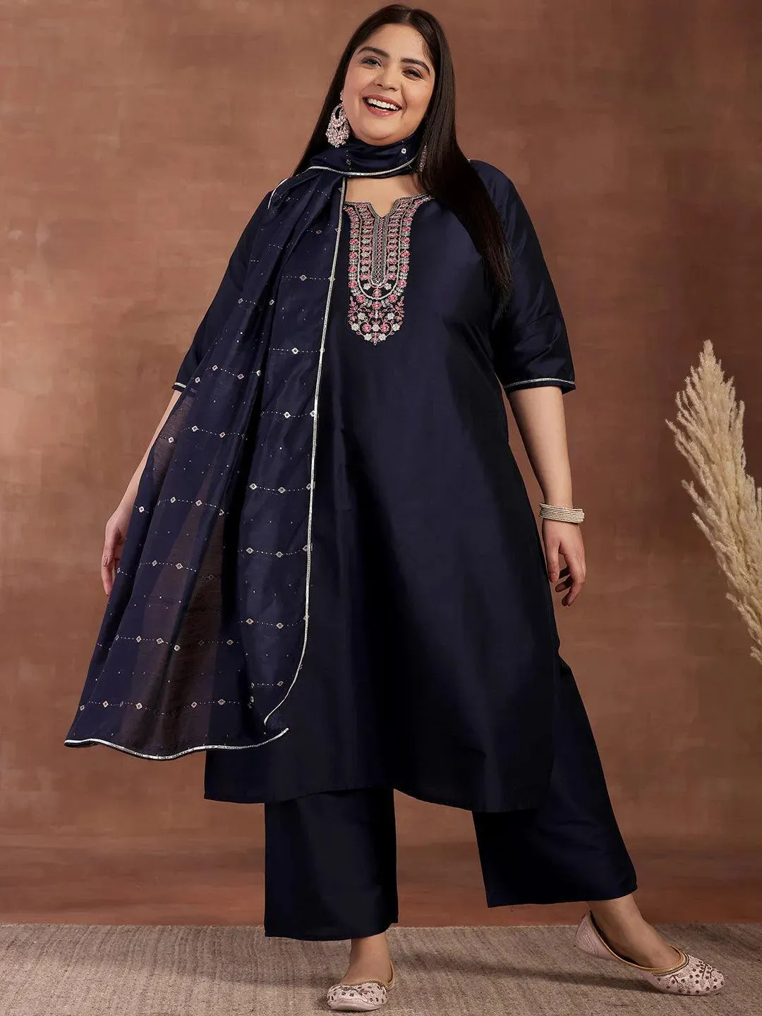 Plus Size Navy Blue Yoke Design Silk Blend Straight Suit With Dupatta