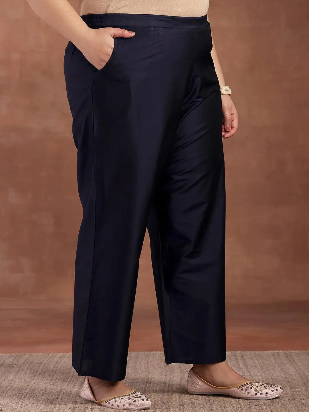 Plus Size Navy Blue Yoke Design Silk Blend Straight Suit With Dupatta
