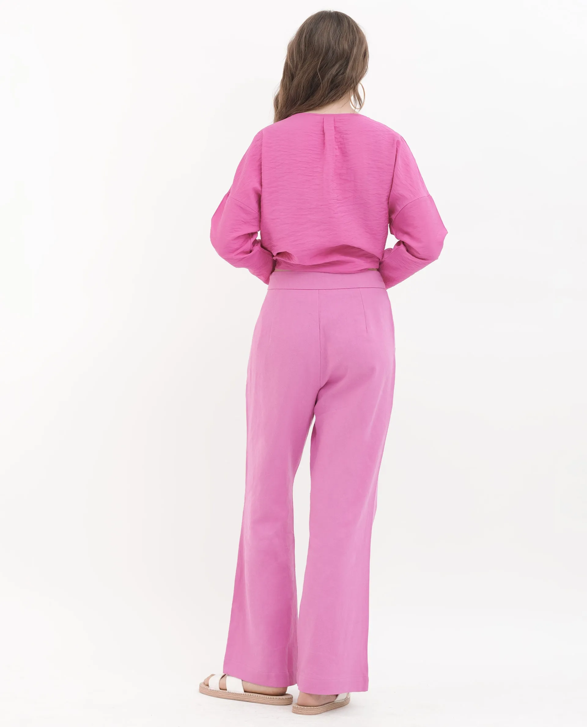 Rareism Women Rica Pastel Pink Cotton Linen Fabric Zip Closure Wide Leg Fit Plain Ankle Length Trousers
