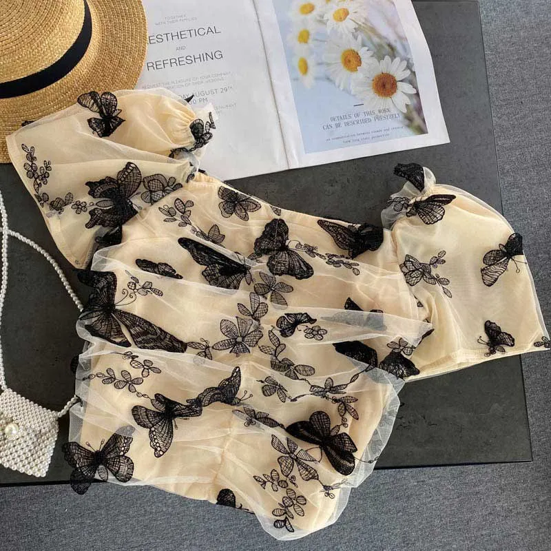 Retro Summer Butterfly Embroidery Women's Top