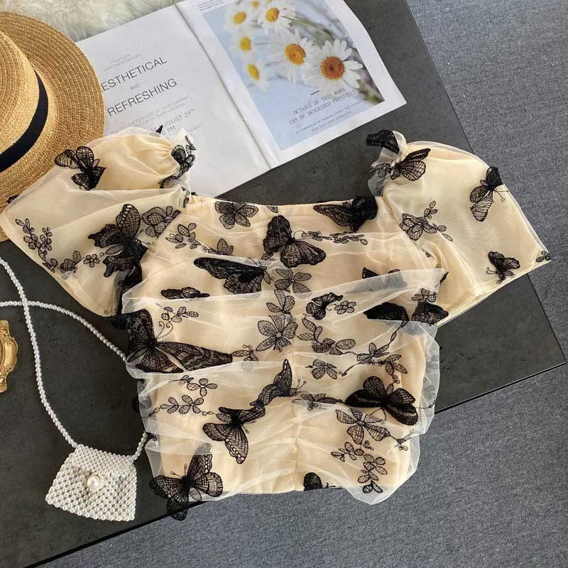 Retro Summer Butterfly Embroidery Women's Top