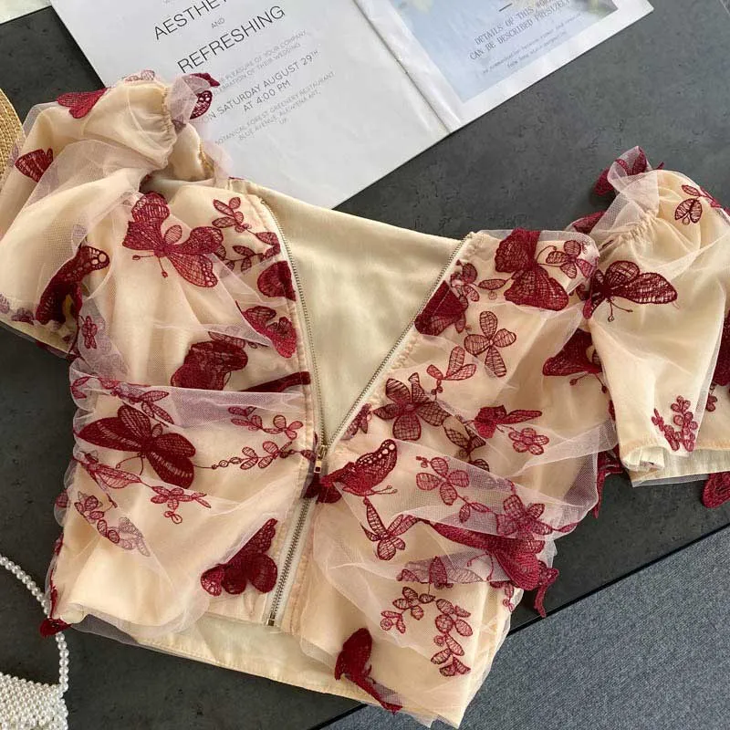 Retro Summer Butterfly Embroidery Women's Top