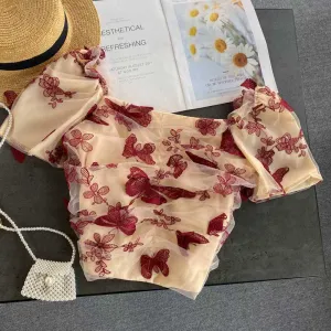 Retro Summer Butterfly Embroidery Women's Top