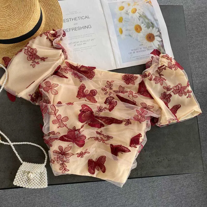Retro Summer Butterfly Embroidery Women's Top