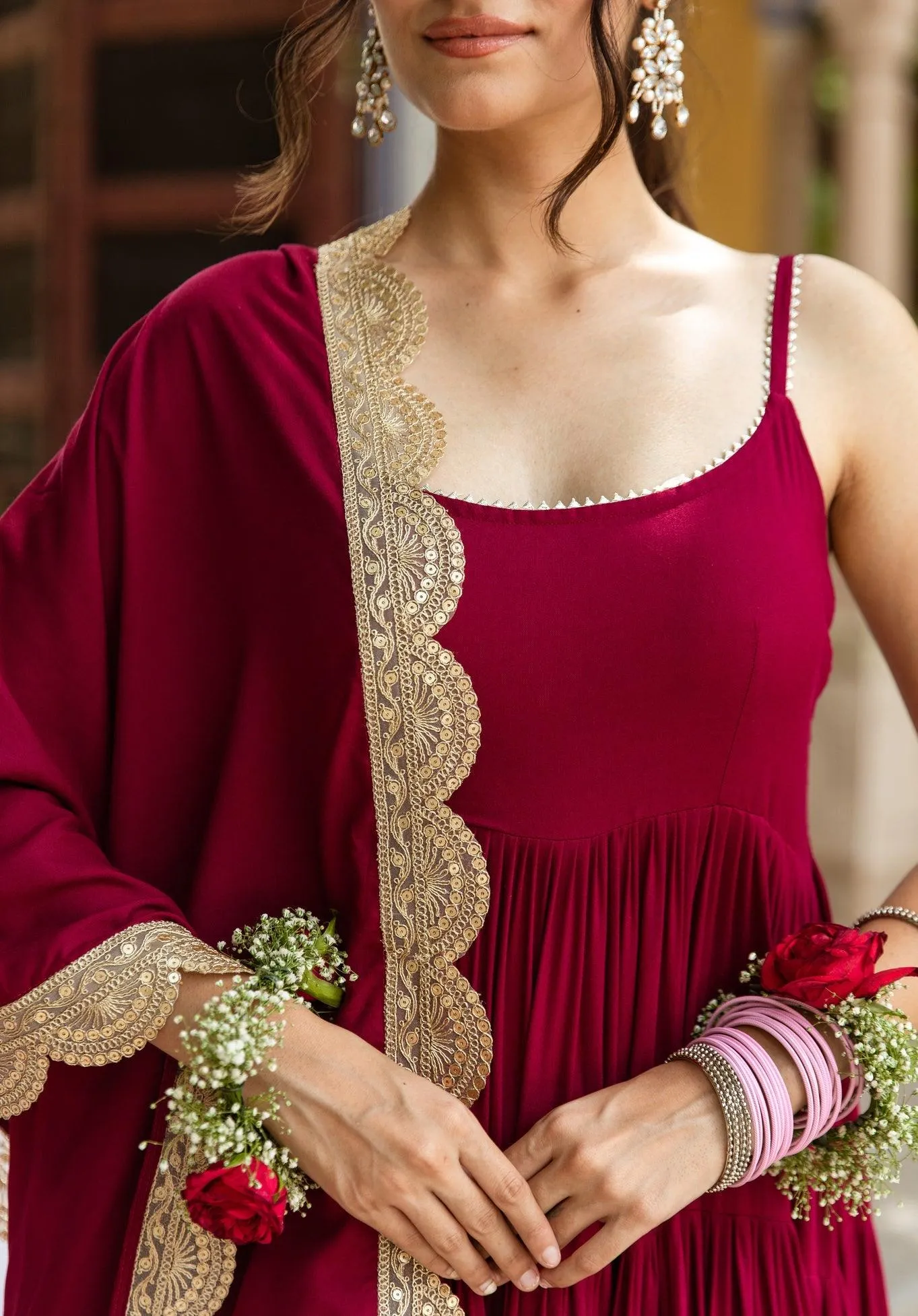 Ruffle gown with embroidered dupatta