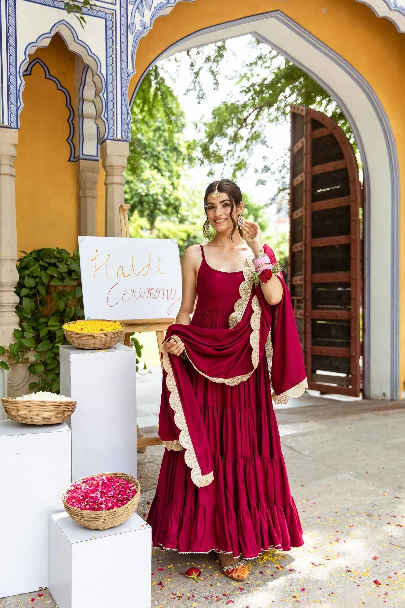 Ruffle gown with embroidered dupatta