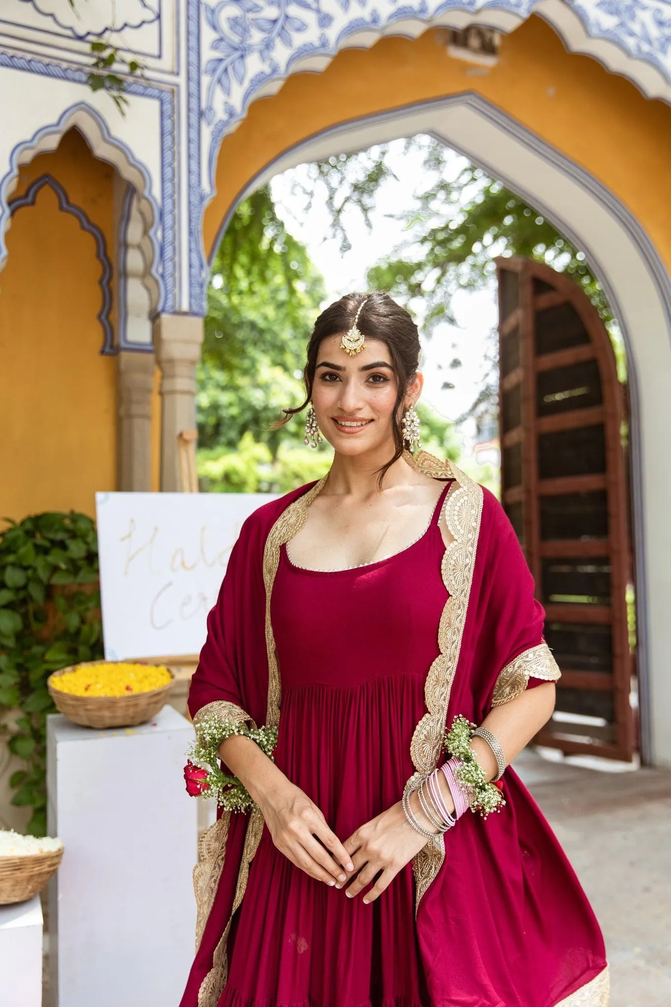 Ruffle gown with embroidered dupatta