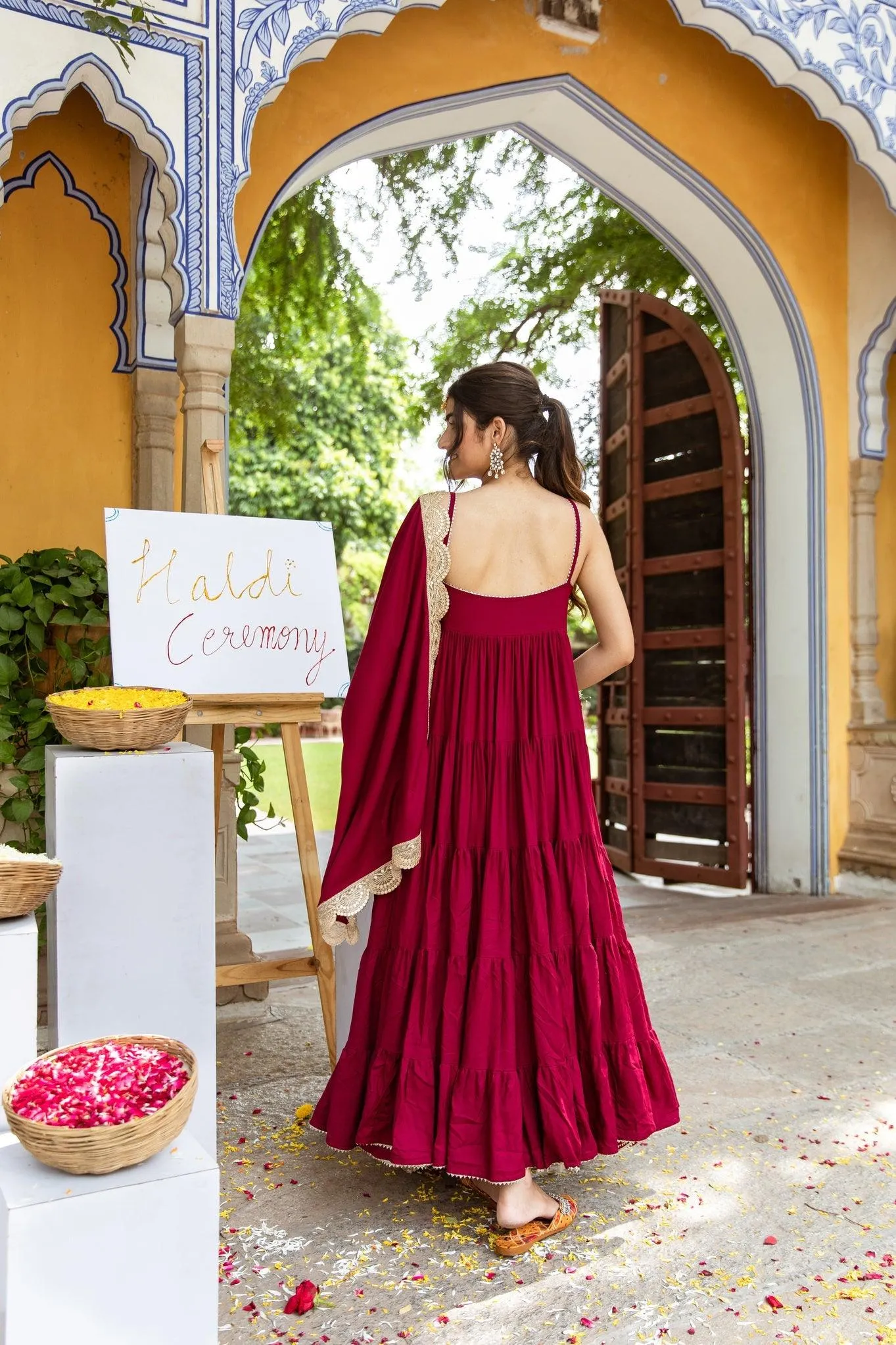 Ruffle gown with embroidered dupatta