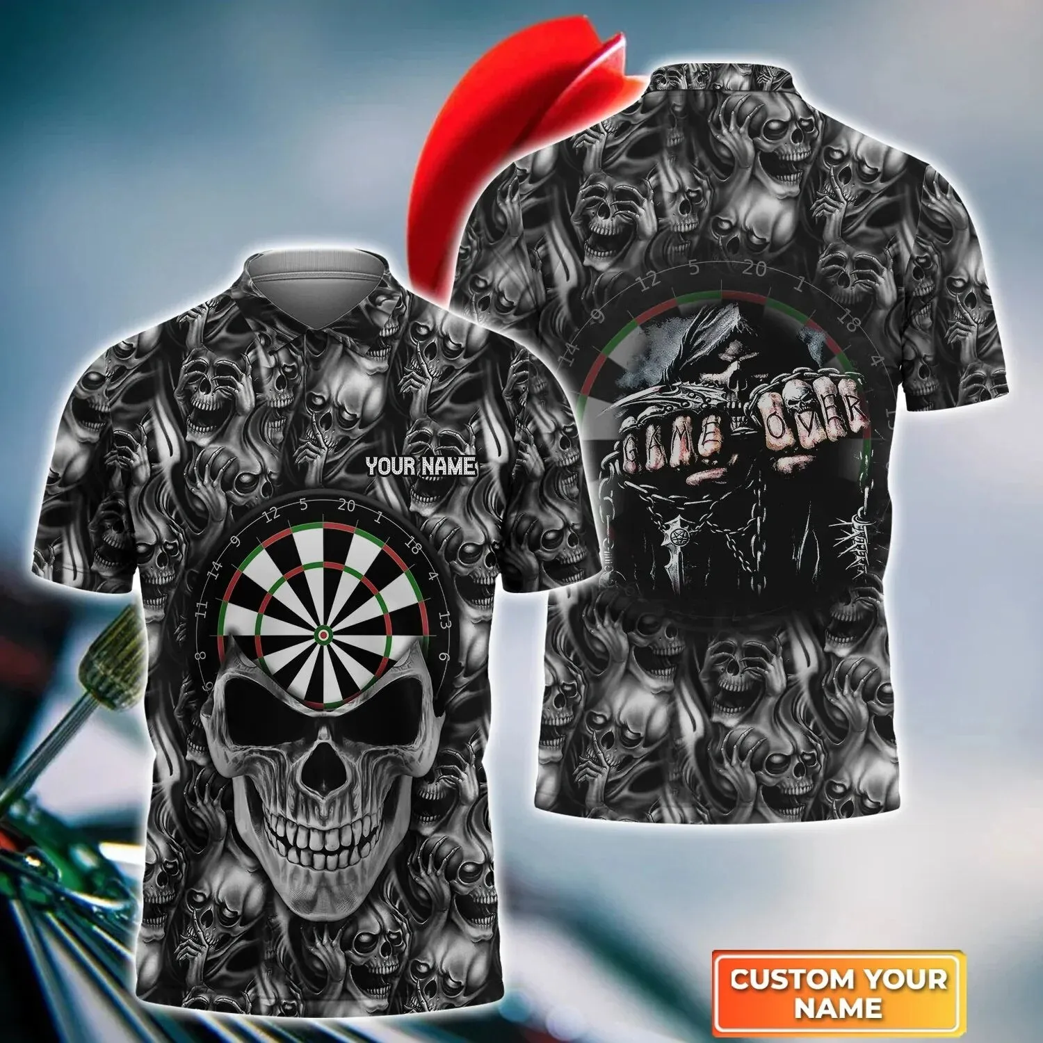 Skull Game Over Dart 3D All Over Printed Polo Shirt, Skull Shirt, Dart Skull Shirt for Men