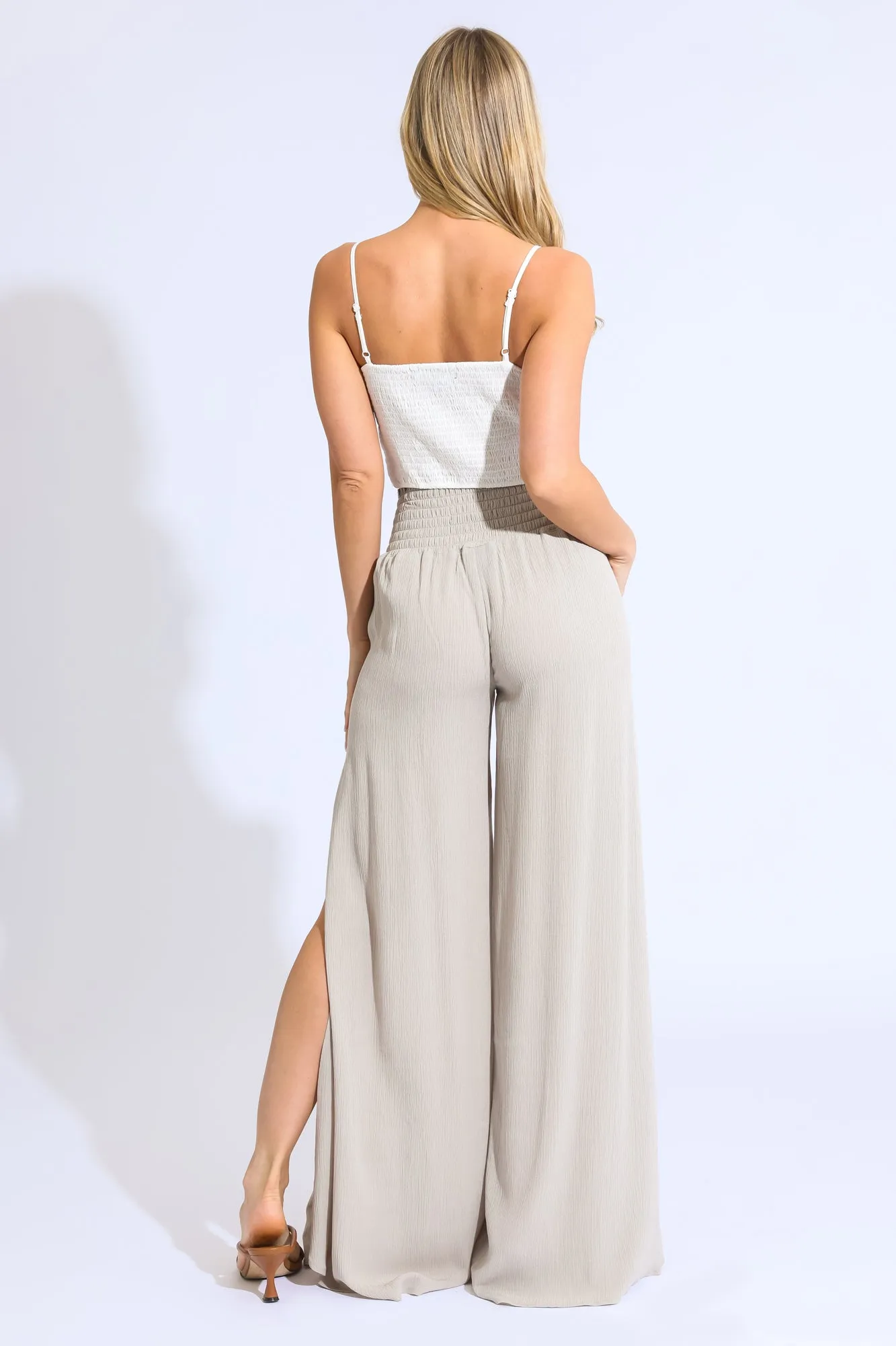 SMOCKED FRONT WRAP WIDE LEG PANT- VINTAGE CLAY