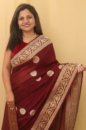 Stunning Maroon Handloom Banarasi Georgette Saree with Sona Roopa