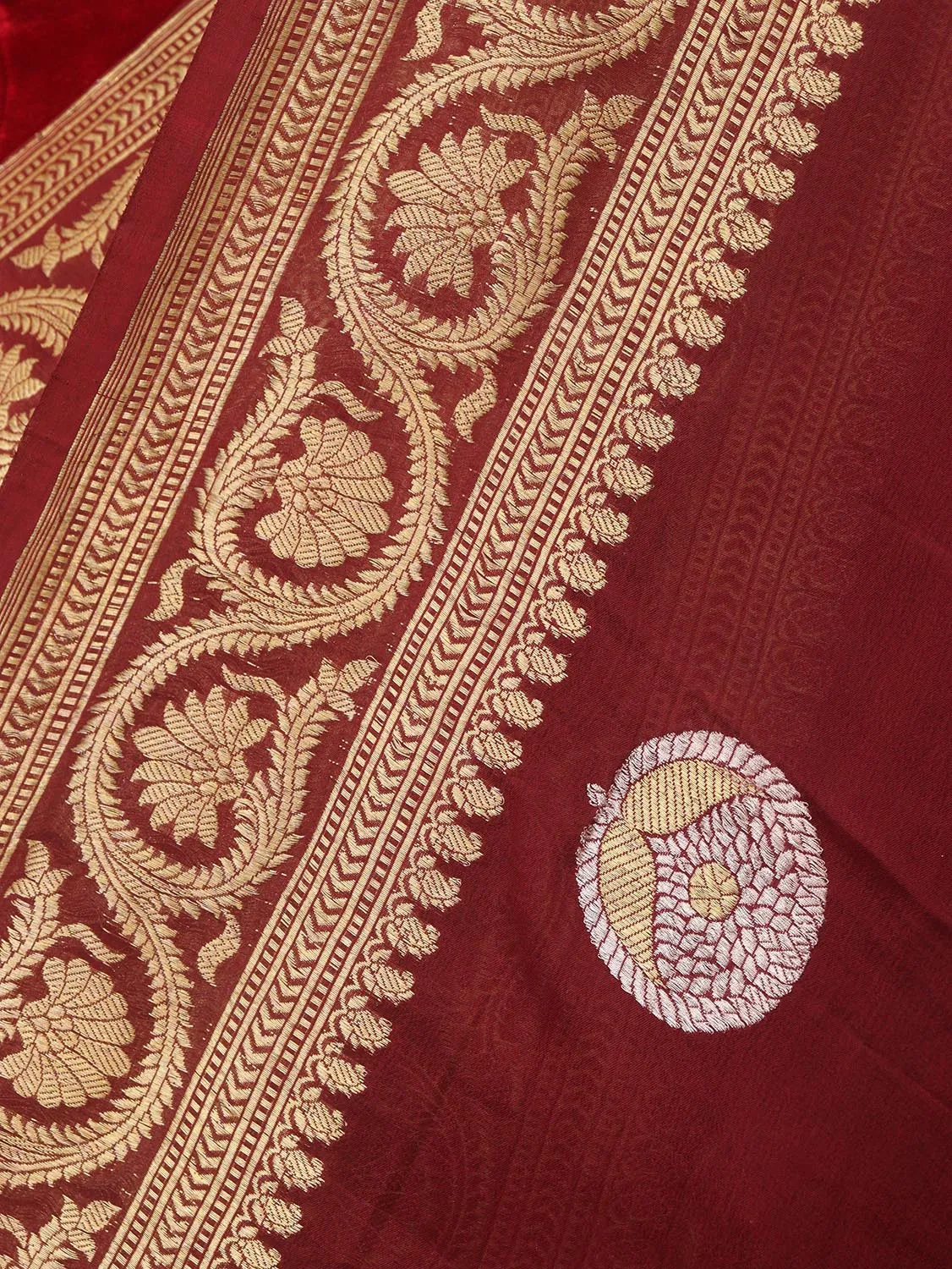 Stunning Maroon Handloom Banarasi Georgette Saree with Sona Roopa